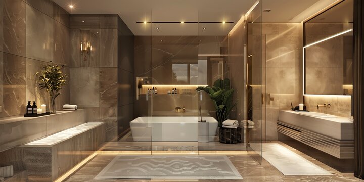 Luxurious master bathroom design in an apartment with a spalike shower, soaking tub, and elegant decor