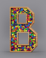 3d rendering of the English alphabet. Wooden letters with colorful candies