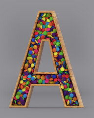 3d rendering of the English alphabet. Wooden letters with colorful candies