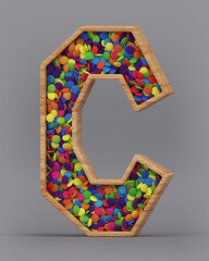 3d rendering of the English alphabet. Wooden letters with colorful candies