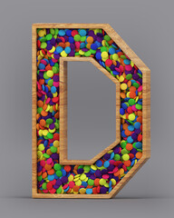 3d rendering of the English alphabet. Wooden letters with colorful candies