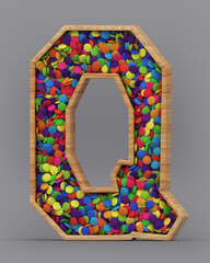 3d rendering of the English alphabet. Wooden letters with colorful candies