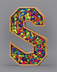 3d rendering of the English alphabet. Wooden letters with colorful candies