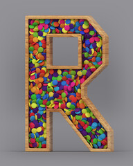 3d rendering of the English alphabet. Wooden letters with colorful candies