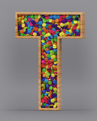 3d rendering of the English alphabet. Wooden letters with colorful candies