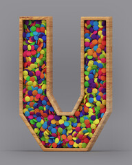 3d rendering of the English alphabet. Wooden letters with colorful candies