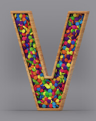 3d rendering of the English alphabet. Wooden letters with colorful candies