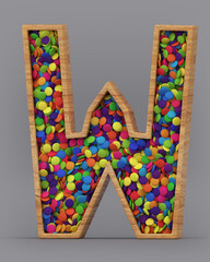 3d rendering of the English alphabet. Wooden letters with colorful candies