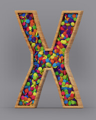 3d rendering of the English alphabet. Wooden letters with colorful candies