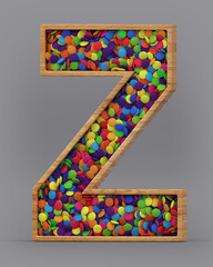3d rendering of the English alphabet. Wooden letters with colorful candies