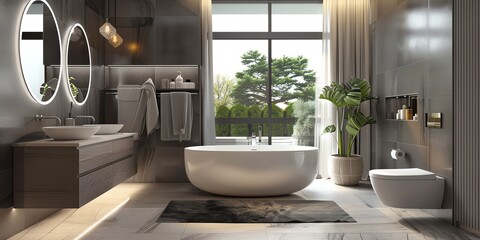 Modern bathroom with a soaking tub, double vanity, and sleek fixtures