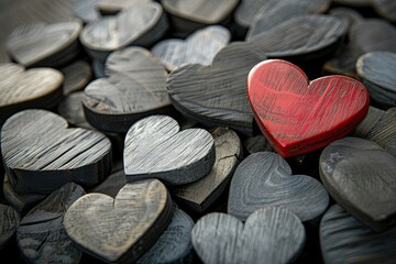 Obraz premium Romantic and round image. Wooden hearts, some of which are painted red.