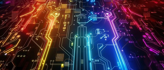 Obraz premium The image is a circuit board with bright glowing lines of different colors.