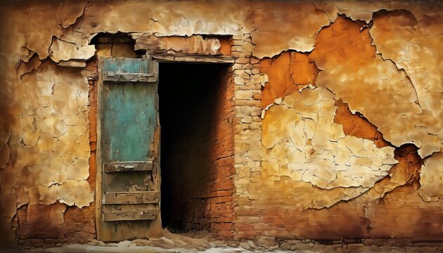 Digital painting of an old wall with a crumbling facade, featuring a weathered blue door set in a dilapidated brick structure with peeling orange paint.. AI Generation