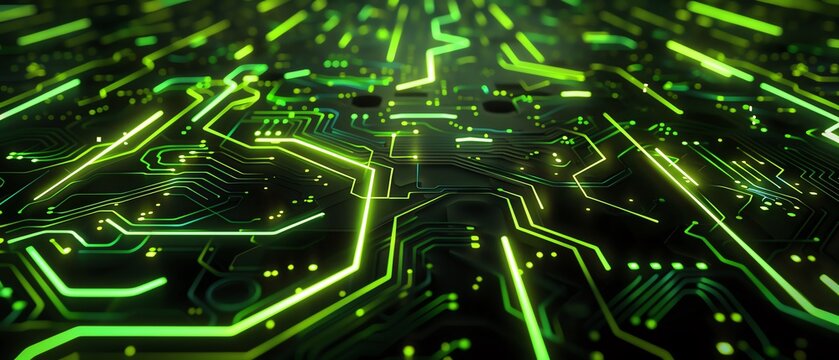 The image is a circuit board with green glowing lines