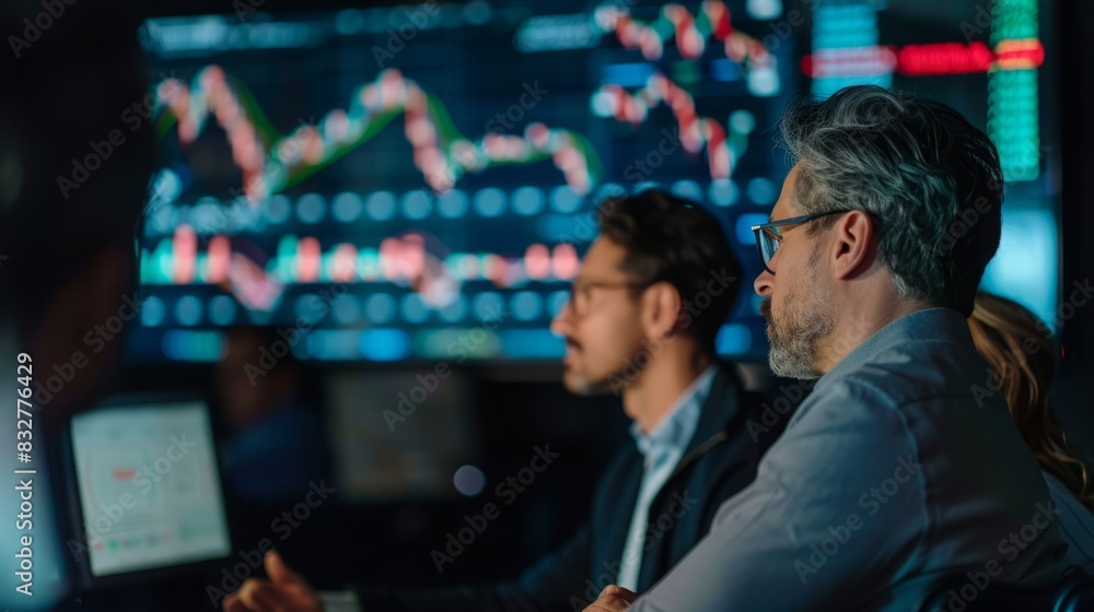 Poster two men are seated in front of a computer screen, engaged in work or discussion.