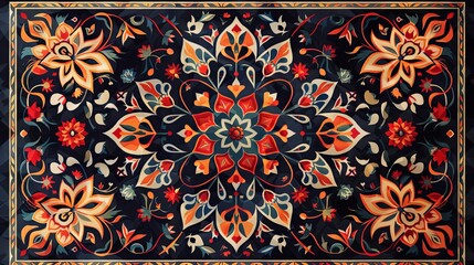 A colorful rug with flowers and leaves on it