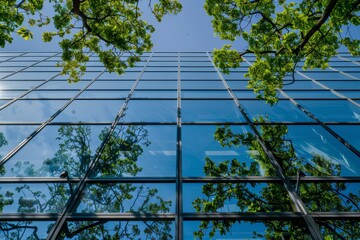 Modern office building with green trees growing outside 