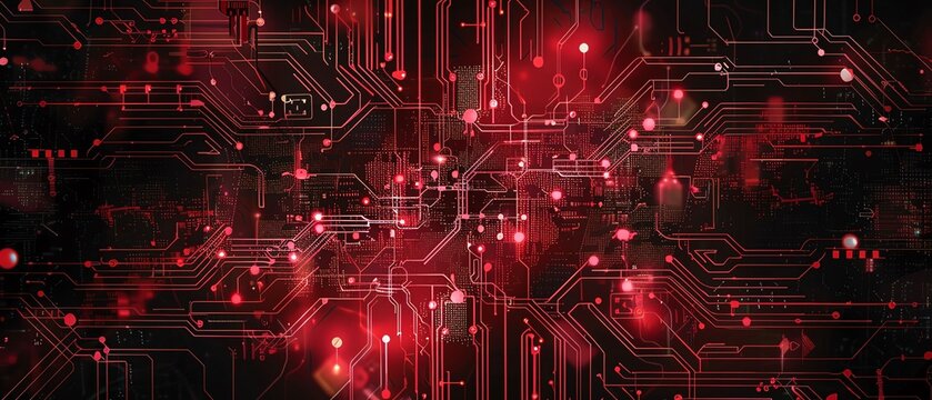 The image is a circuit board with red glowing lights. It is a background image for a technology advertisement.