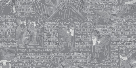 Fototapeta premium Beautiful sumerian and asyrian seamless pattern over marble background with cuneiform writtings