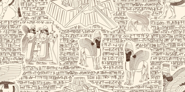 Beautiful sumerian and asyrian dark brown seamless pattern with cuneiform writtings