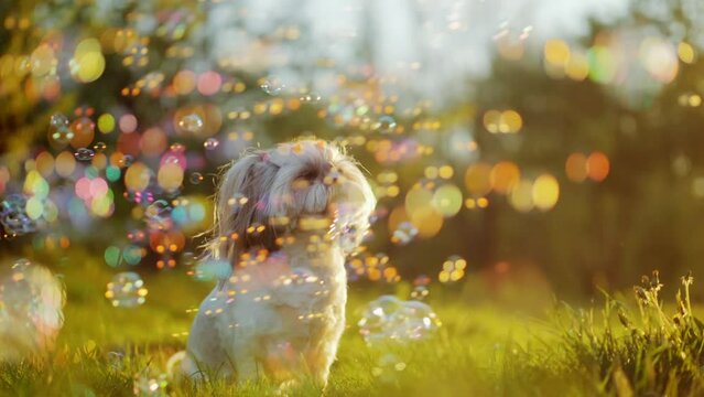 A Shih Tzu dog with light colored hair is sitting on green grass under bright sunlight, colorful soap bubbles are shimmering around, creating a warm festive atmosphere.