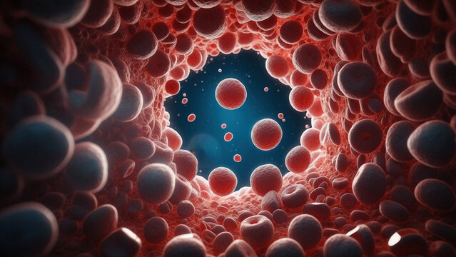 3d illustration of red blood cells flowing through the center of the nucleus concept of microscopic, bacterium, microbiology, infection,