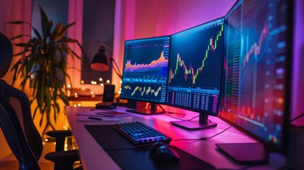 A sleek desk setup featuring two monitors and a keyboard, showcasing a productive workspace for tasks that require dual screens.