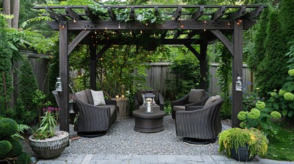 Envision a professionally designed pergola embellished with cascading vines, vibrant flowers, and lush foliage, crafting a serene and elegant atmosphere.
