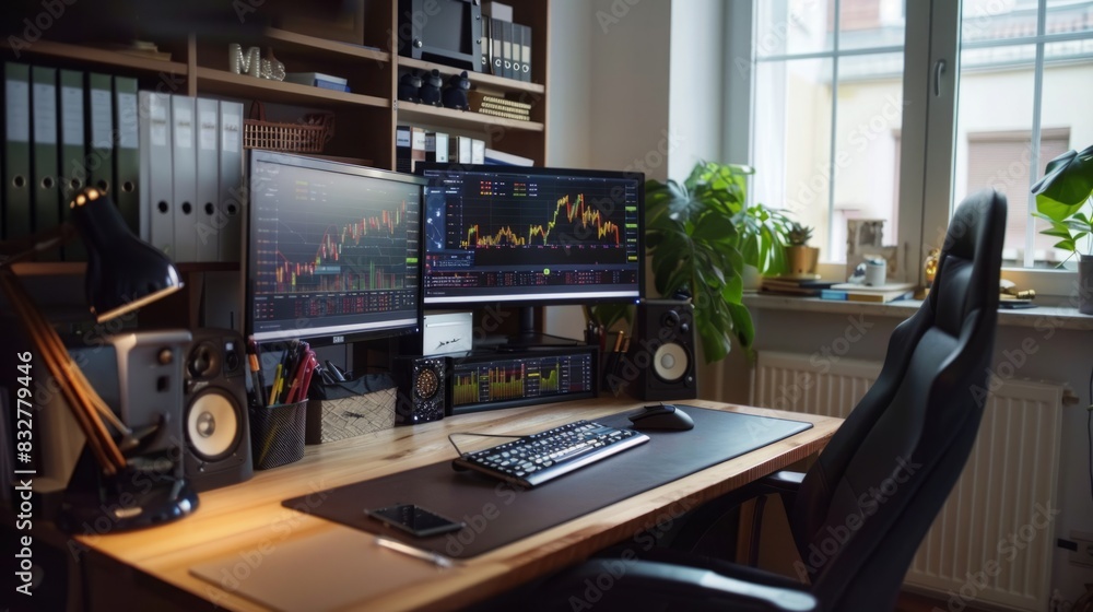 Poster a sleek desk featuring two computer monitors and a keyboard neatly arranged for productivity and eff