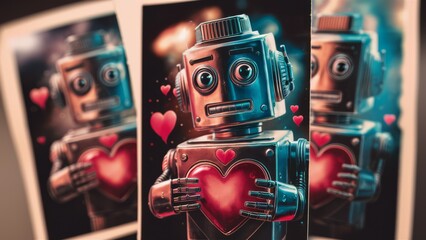 Obraz premium Two pictures of a robot holding two red hearts in his hands, AI