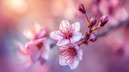 Flowering cherry in close up against blurred backdrop