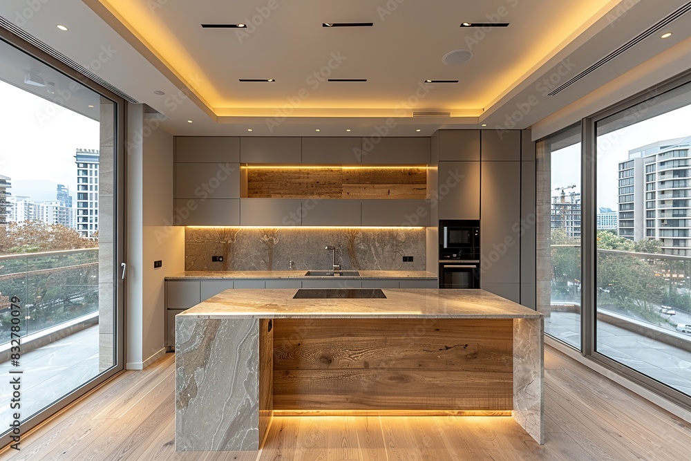 Wall mural Front view of elegant interior with gray drawers under kitchen cabinet.