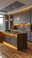 Front view of elegant interior with gray drawers under kitchen cabinet.