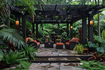 Envision a professionally designed pergola embellished with cascading vines, vibrant flowers, and lush foliage, crafting a serene and elegant atmosphere