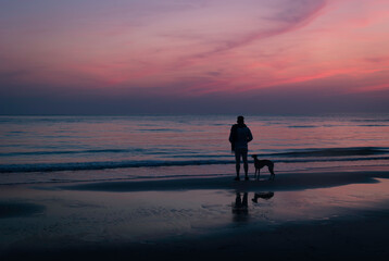 Man and dog on a beach by the sea at sunset, Cornwall, UK - silhouette of a solitary young man and Whippet by the ocean with pink and blue pastel twilight sky.