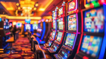Colorful slot machines in a vibrant casino interior with blurred background
