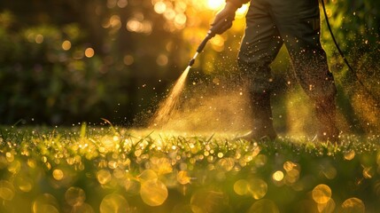 Gardener spraying lawn weeds with a herbicide