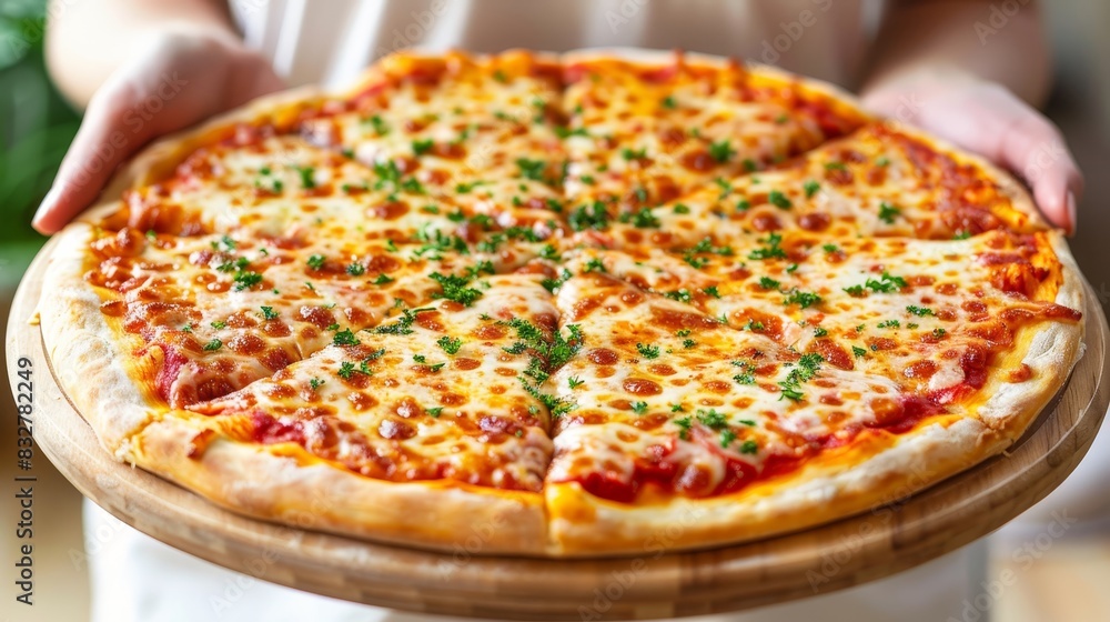 Poster close up shot of pizza held in hands against blurred background with space for text