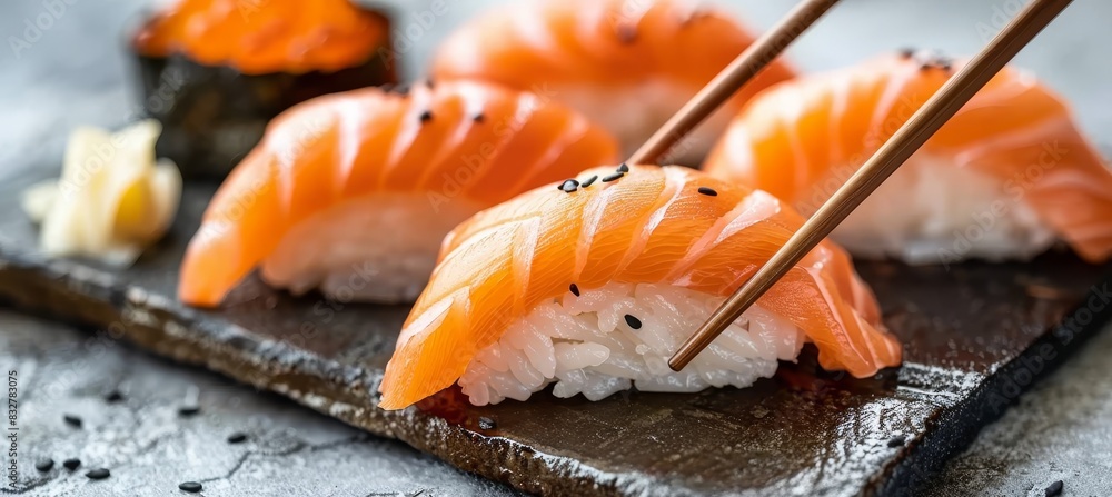 Aufkleber macro shot of sushi being held with chopsticks on blurred background with space for text