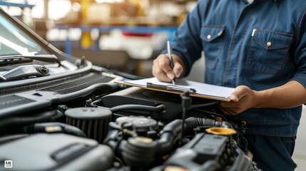 Auto technician drafts car maintenance list by open engine for repair job checklist