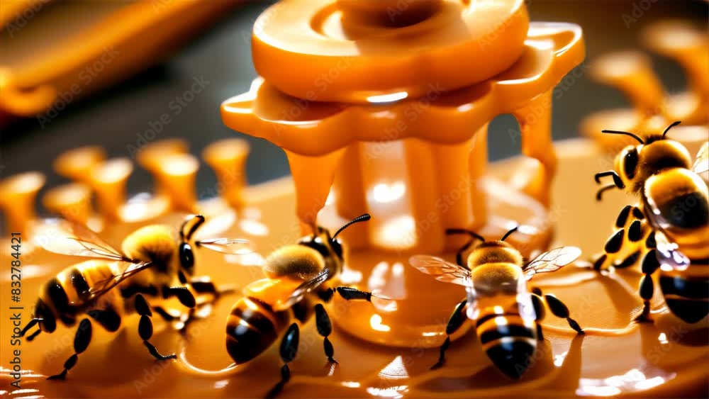 Poster a close-up image of bees working on a honeycomb structure, highlighting their industrious nature. pe