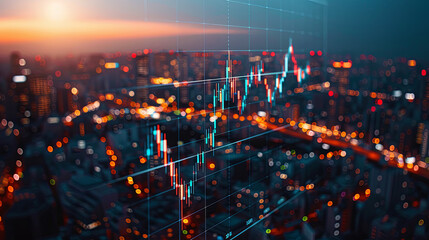 A city skyline with a graph of stock prices on a screen