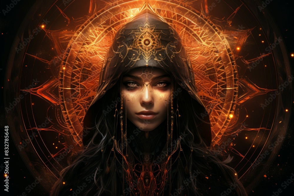 Poster A mysterious and enigmatic sorceress, wielding ancient spells and communing with unseen forces. - Generative AI