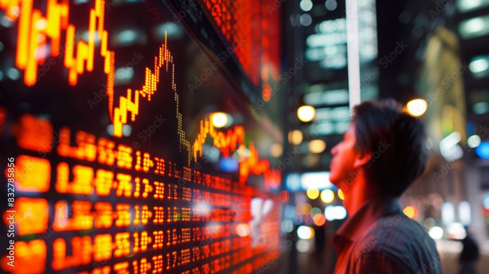 Poster a man stands in front of a stock information display, examining the data closely.