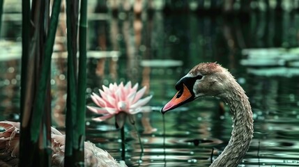   A swan glides through the water with a pink bloom in front and reeds surrounding it