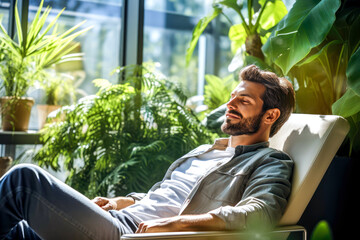 Male employee relaxing peacefully in recliner lounge chair in the break area with green plants in modern office. Mental health, reduction stress, productivity. Concept of sustainable work environment