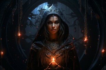 A mysterious and enigmatic sorceress, wielding ancient spells and communing with unseen forces. - Generative AI