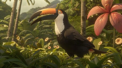 Obraz premium A toucan perches amidst jungle blooms, surrounded by swaying palms