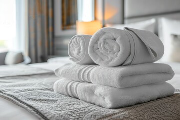 Freshly laundered fluffy towels on bed in hotel.  Clean towels rolled up on the bed in a bright hotel room with copy and logotype place. Clean towels rolled.